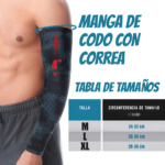 Manga de compresión de codo con tabla de tamaños.