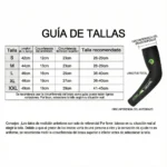 Tabla de guía de tallas para ropa deportiva.